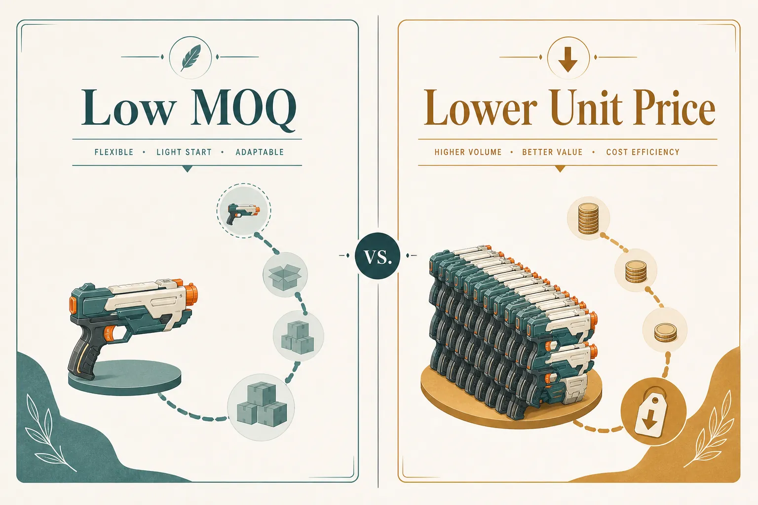 Diagram: Low MOQ Versus Lower Unit Price in Foam Blaster Sourcing